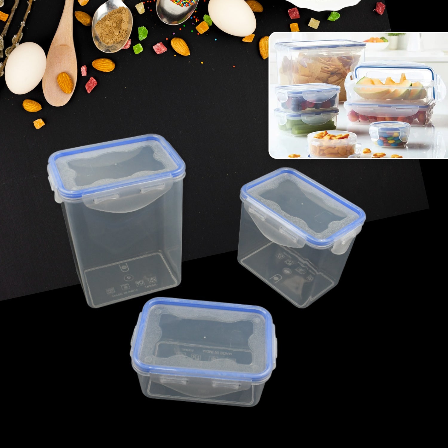 Food storage container set, 3 pieces with air seal lids. Food storage container set, 3 pieces with air seal lids.